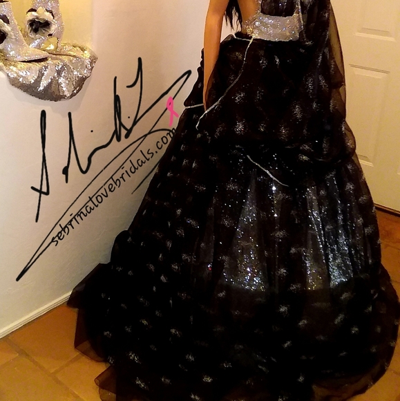 SAMPLE GOWN SET ONLY - "TWILA" Black/Silver Lehenga Saree Wedding Gown Set - Picture 6 of 8